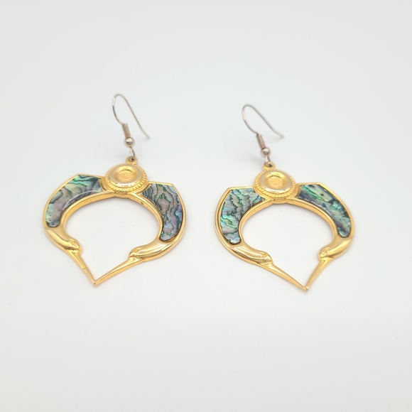 Vintage Jewelry - Gold Abalone Shell Drop Earrings Vintage Statement Dangle Boho